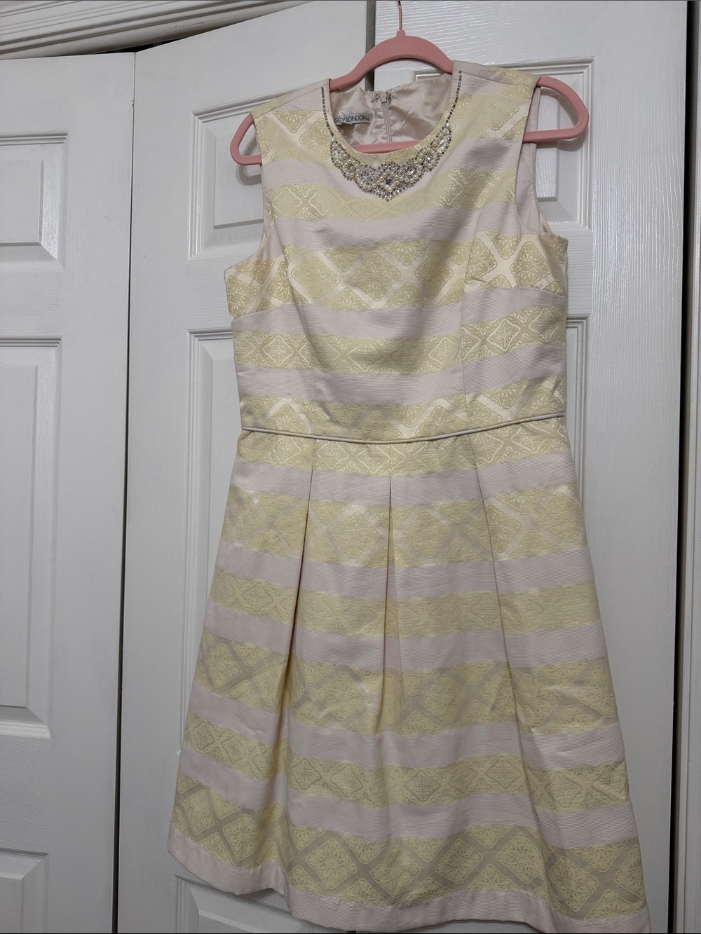 Maggy London Yellow & White Striped Midi Dress with Beaded Neckline